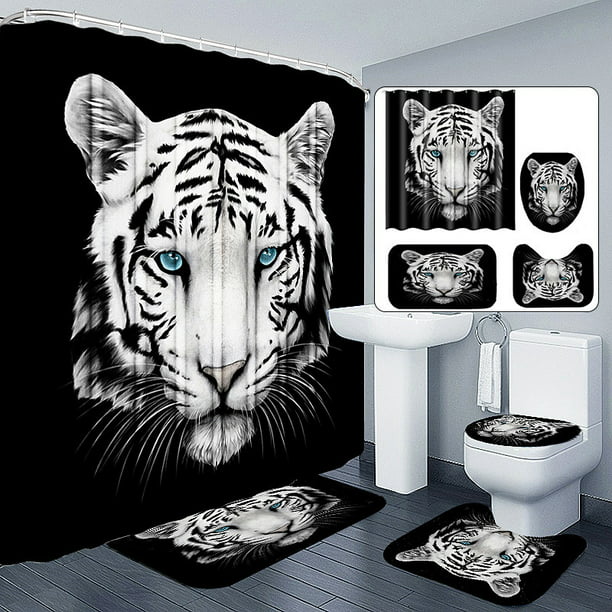 4PC/Set Tiger Bathroom Waterproof Shower Curtain Toilet Lid Cover Bath Mat 